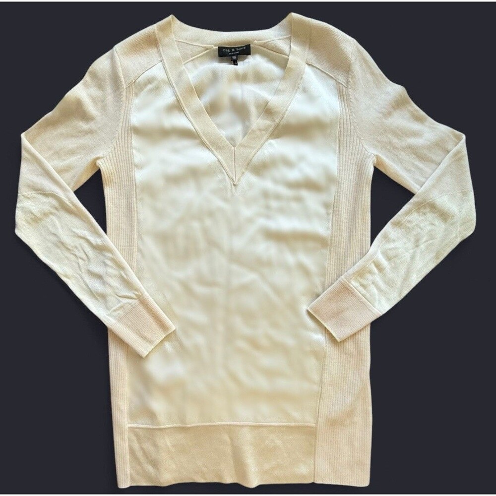 RAG AND BONE Sweater V-neck Tunic Cream Bone Ribbed Trim Pullover XXS $375 MSRP